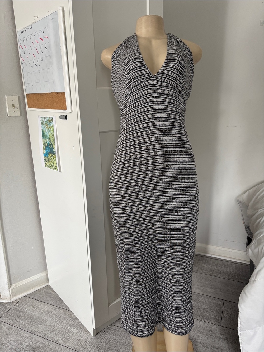 See you Monday Sleeveless V-Neck Striped Knit Midi Dress - Gray/White